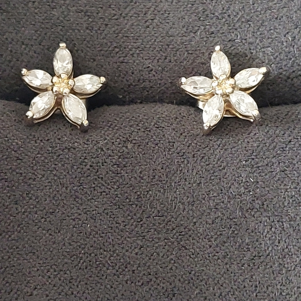 Gold Over Sterling Silver And CZ Flower Stud Earrings